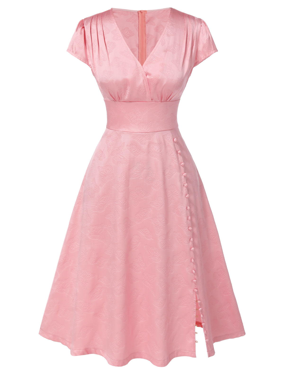 Pink 1940s Deep V-Neck Butterfly Satin Dress