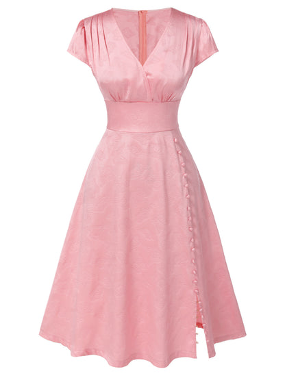 Pink 1940s Deep V-Neck Butterfly Satin Dress