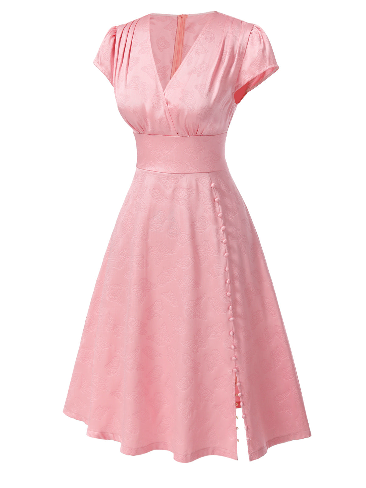 Pink 1940s Deep V-Neck Butterfly Satin Dress