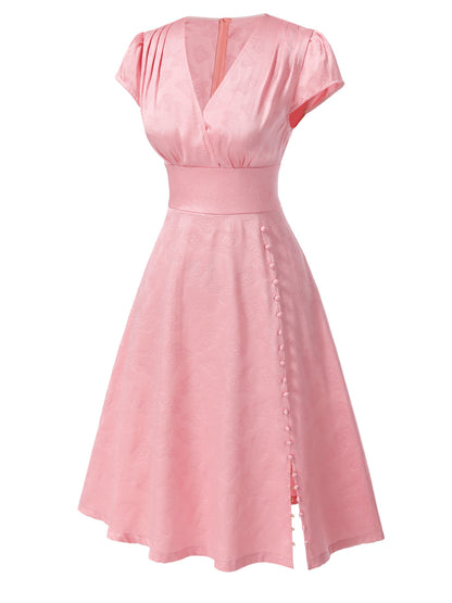 Pink 1940s Deep V-Neck Butterfly Satin Dress