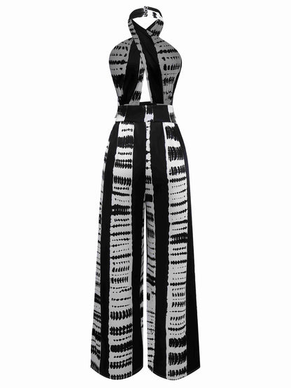 Black 1930s Ink Stains Cross Halter Jumpsuit