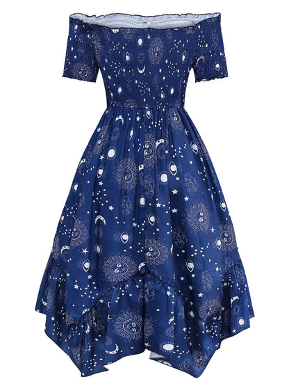 Blue 1950s Stars Moon Irregular Hem Off-Shoulder Dress