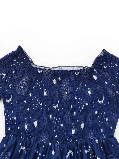 Blue 1950s Stars Moon Irregular Hem Off-Shoulder Dress
