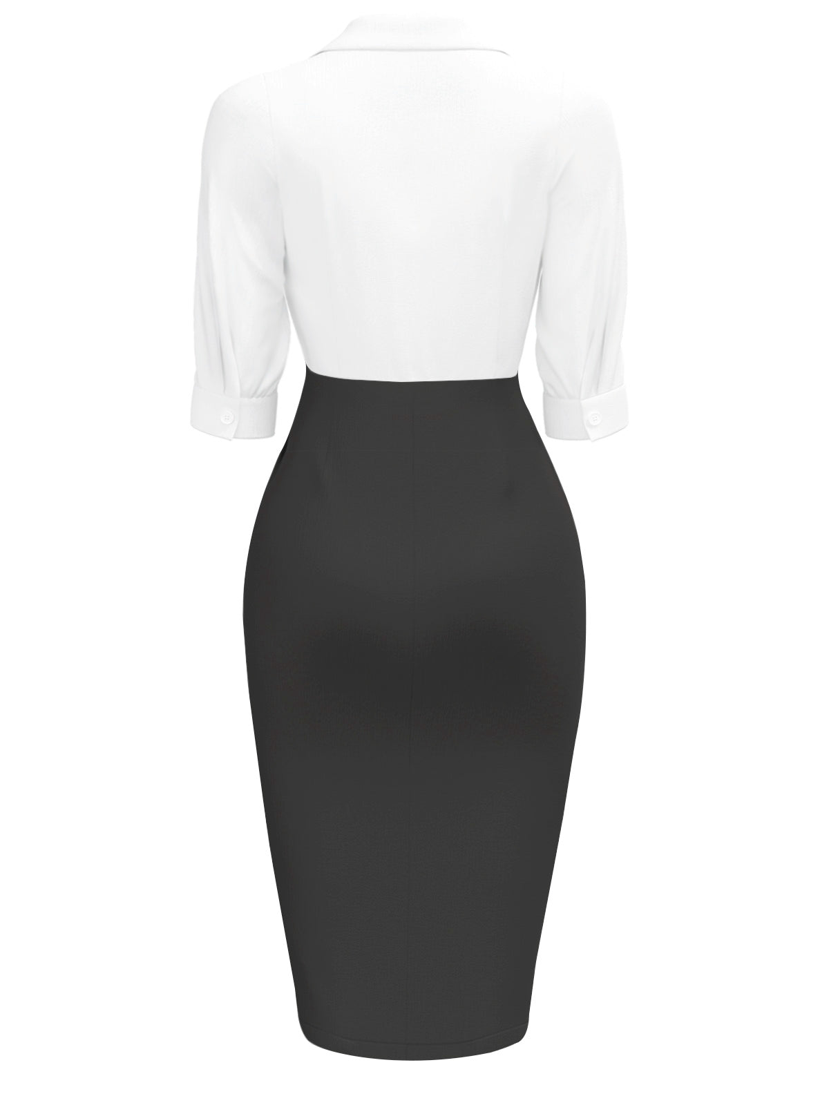 White & Black 1960s Notched Collar Ruched Bodycon Dress