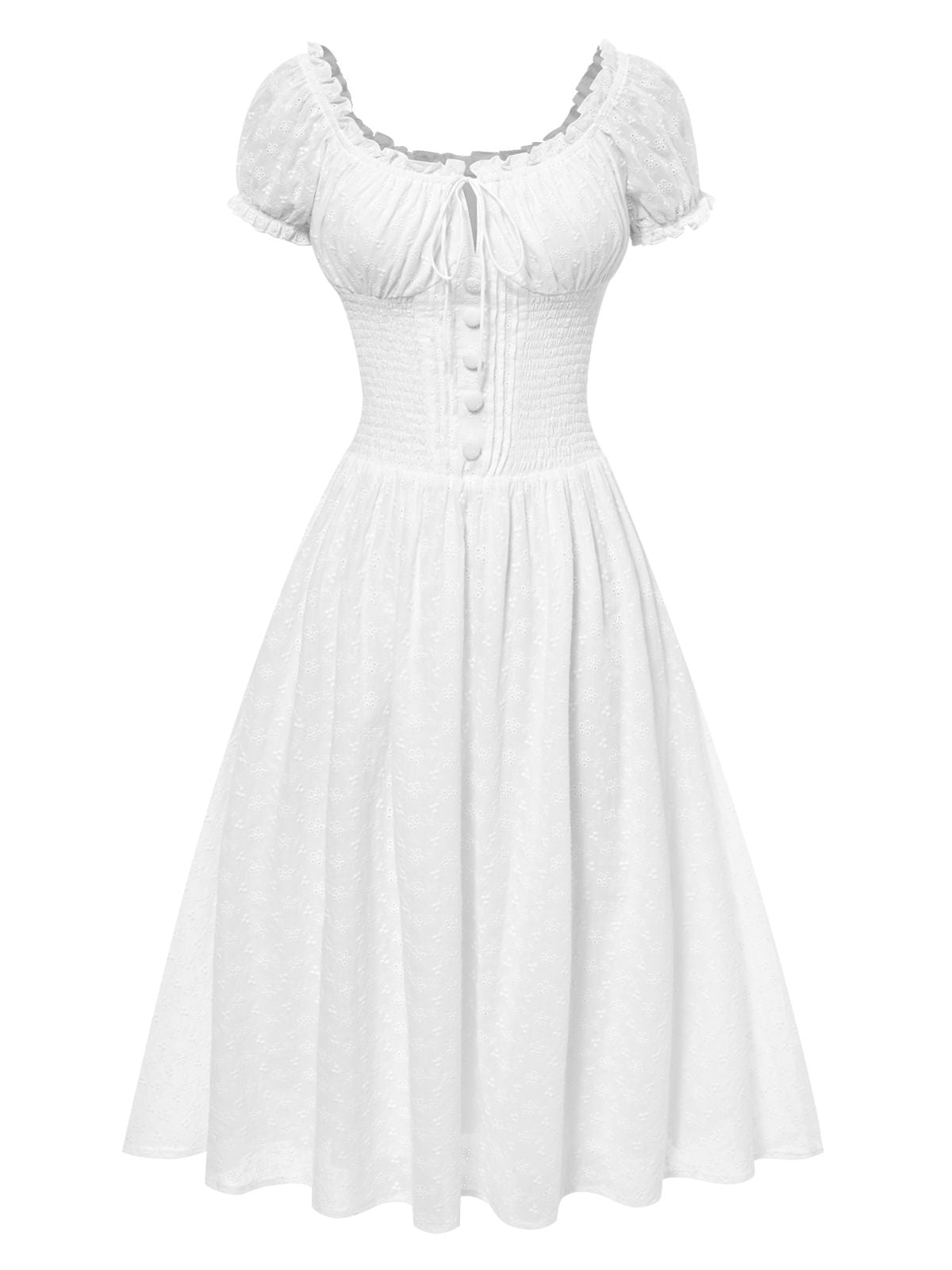 White 1940s Solid Cotton Embroidered Lace Dress
