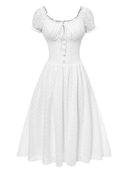 White 1940s Solid Cotton Embroidered Lace Dress