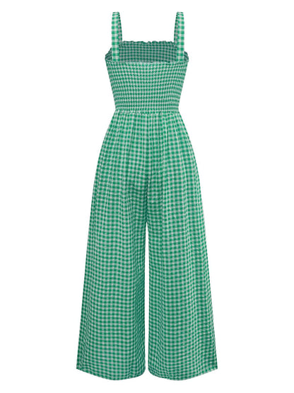 1950s Gingham Plaid Smocked Strap Jumpsuit