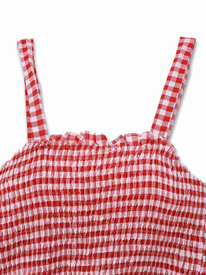 1950s Gingham Plaid Smocked Strap Jumpsuit