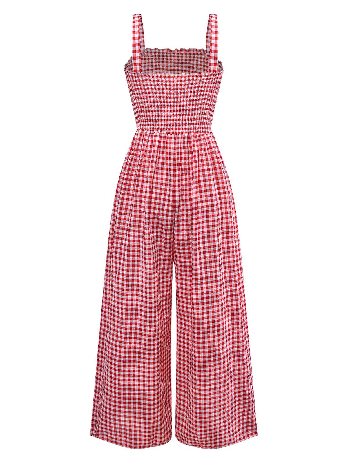 1950s Gingham Plaid Smocked Strap Jumpsuit