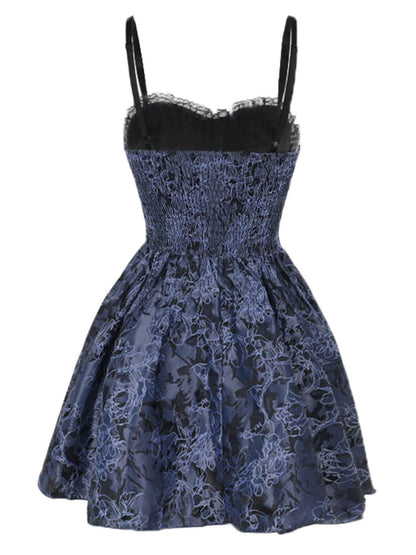 Blue 1980s Gothic Steampunk Floral Print Lace Patchwork Bubble Dress