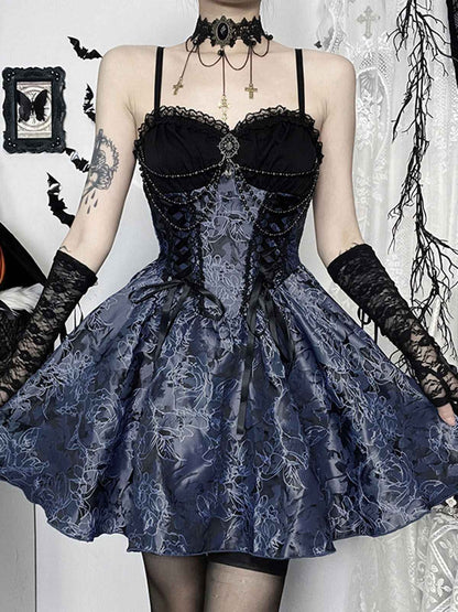 Blue 1980s Gothic Steampunk Floral Print Lace Patchwork Bubble Dress