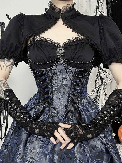 Blue 1980s Gothic Steampunk Floral Print Lace Patchwork Bubble Dress