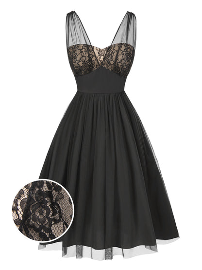 Black 1950s Lace Floral Mesh Swing Dress