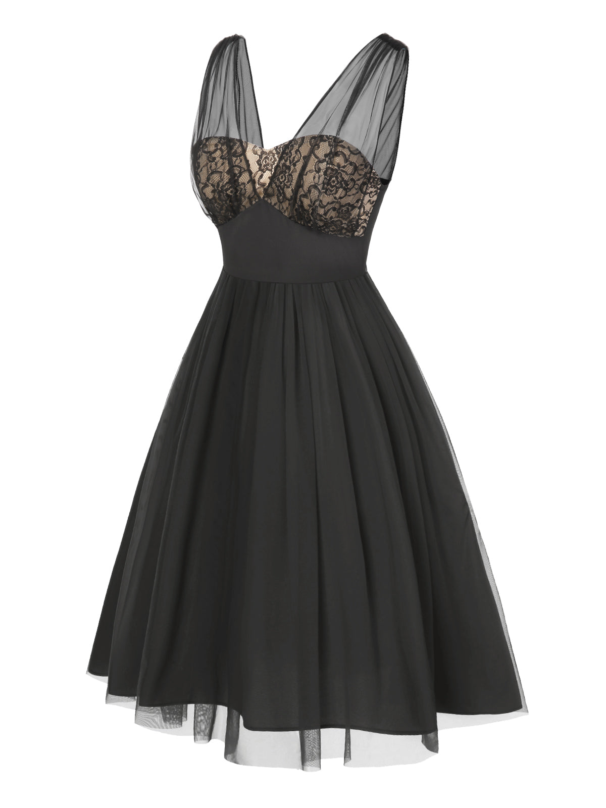 Black 1950s Lace Floral Mesh Swing Dress