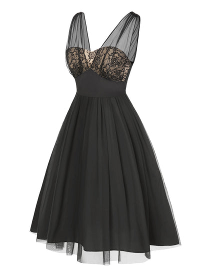 Black 1950s Lace Floral Mesh Swing Dress