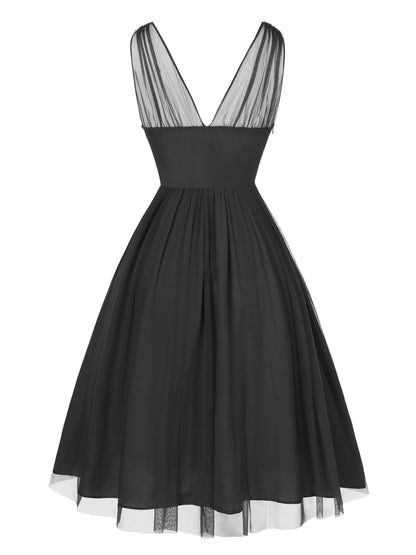 Black 1950s Lace Floral Mesh Swing Dress