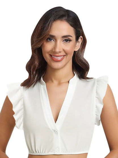 1950s Solid V-Neck Ruffled Sleeve Crop Top
