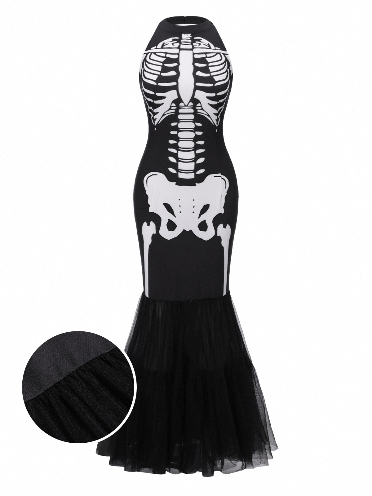 [Pre-Sale] Black & White 1930s Halter Skull Mesh Fishtail Dress