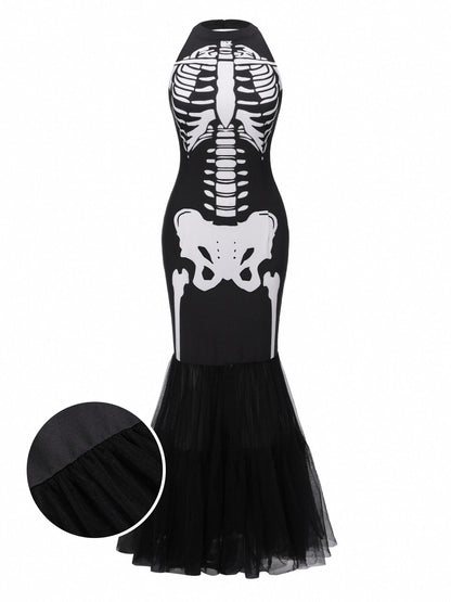 [Pre-Sale] Black & White 1930s Halter Skull Mesh Fishtail Dress