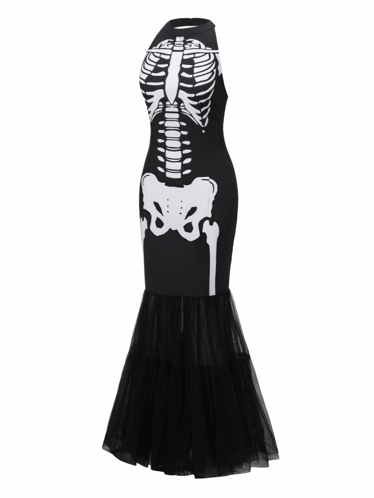 [Pre-Sale] Black & White 1930s Halter Skull Mesh Fishtail Dress