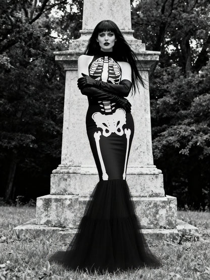 [Pre-Sale] Black & White 1930s Halter Skull Mesh Fishtail Dress