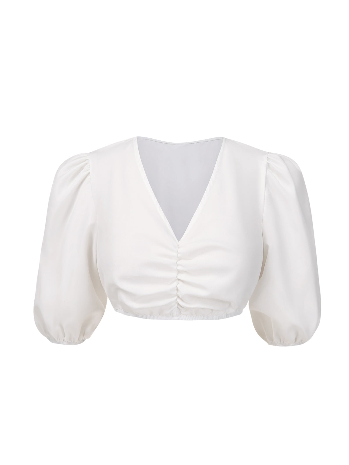 [Pre-Sale] White 1950s Ruched V-Neck Puff Sleeve Crop Top