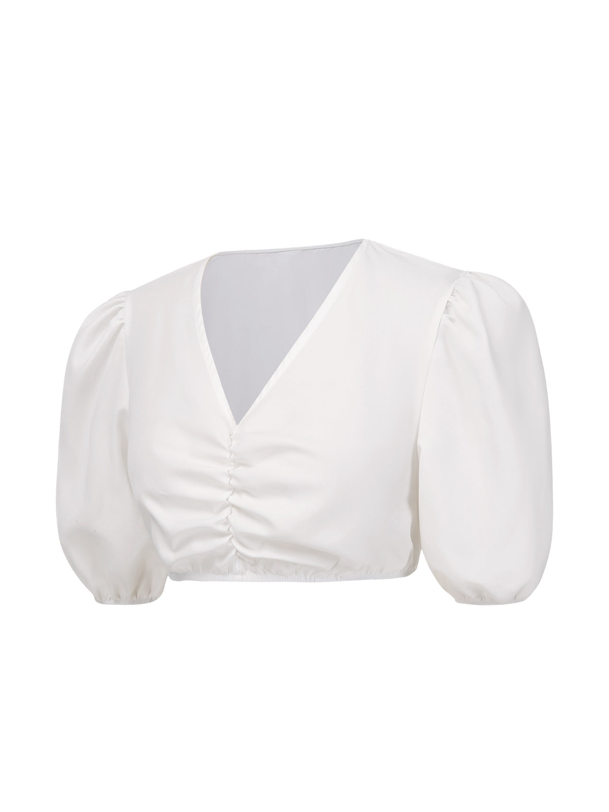 [Pre-Sale] White 1950s Ruched V-Neck Puff Sleeve Crop Top