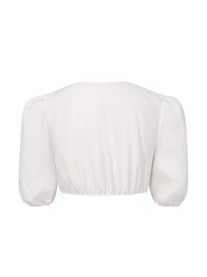 [Pre-Sale] White 1950s Ruched V-Neck Puff Sleeve Crop Top
