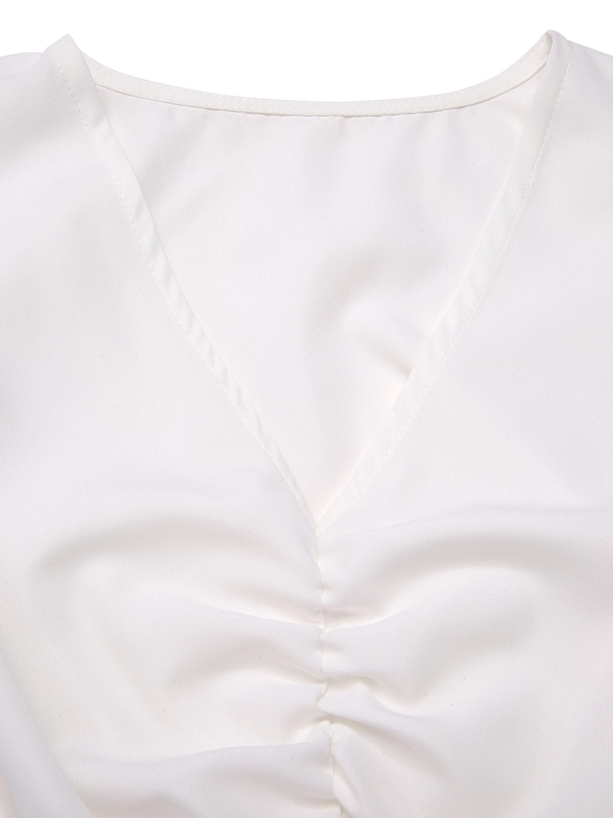 [Pre-Sale] White 1950s Ruched V-Neck Puff Sleeve Crop Top