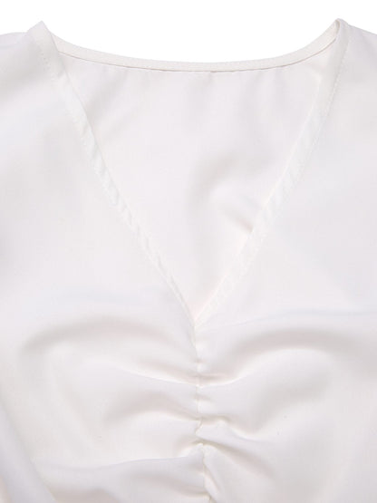 [Pre-Sale] White 1950s Ruched V-Neck Puff Sleeve Crop Top
