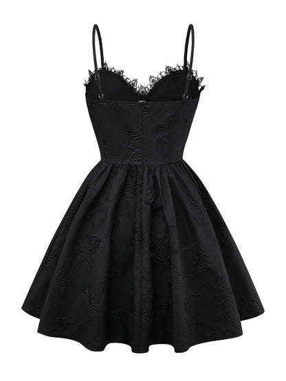 Black 1960s Gothic 3D-Rose Jacquard Lace-Up Dress