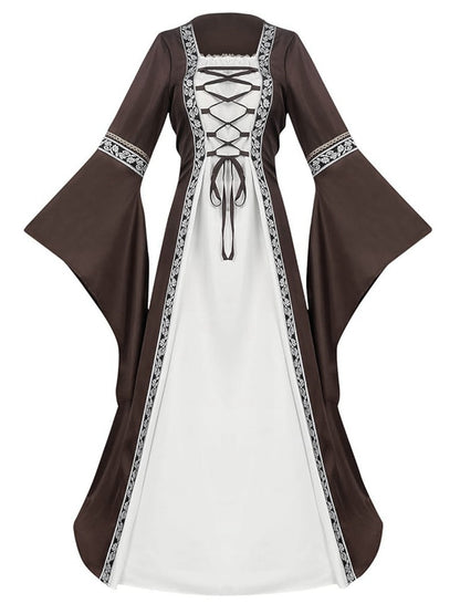 Khaki 1930s Halloween Medieval Bell Sleeve Floral Dress