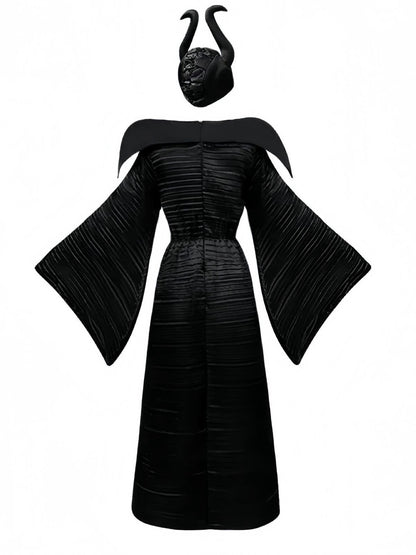 Black 1930s Halloween Maleficent Batwing Sleeve Dress Set