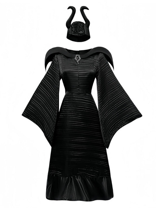 Black 1930s Halloween Maleficent Batwing Sleeve Dress Set