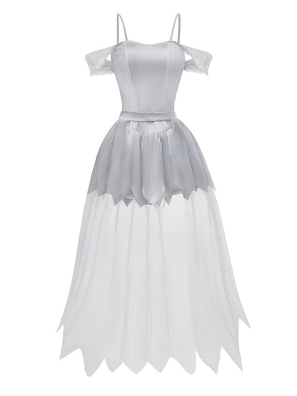 White 1960s Halloween Zombie Bride Lace Mesh Dress