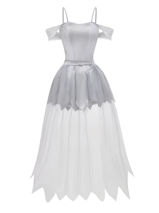 White 1960s Halloween Zombie Bride Lace Mesh Dress