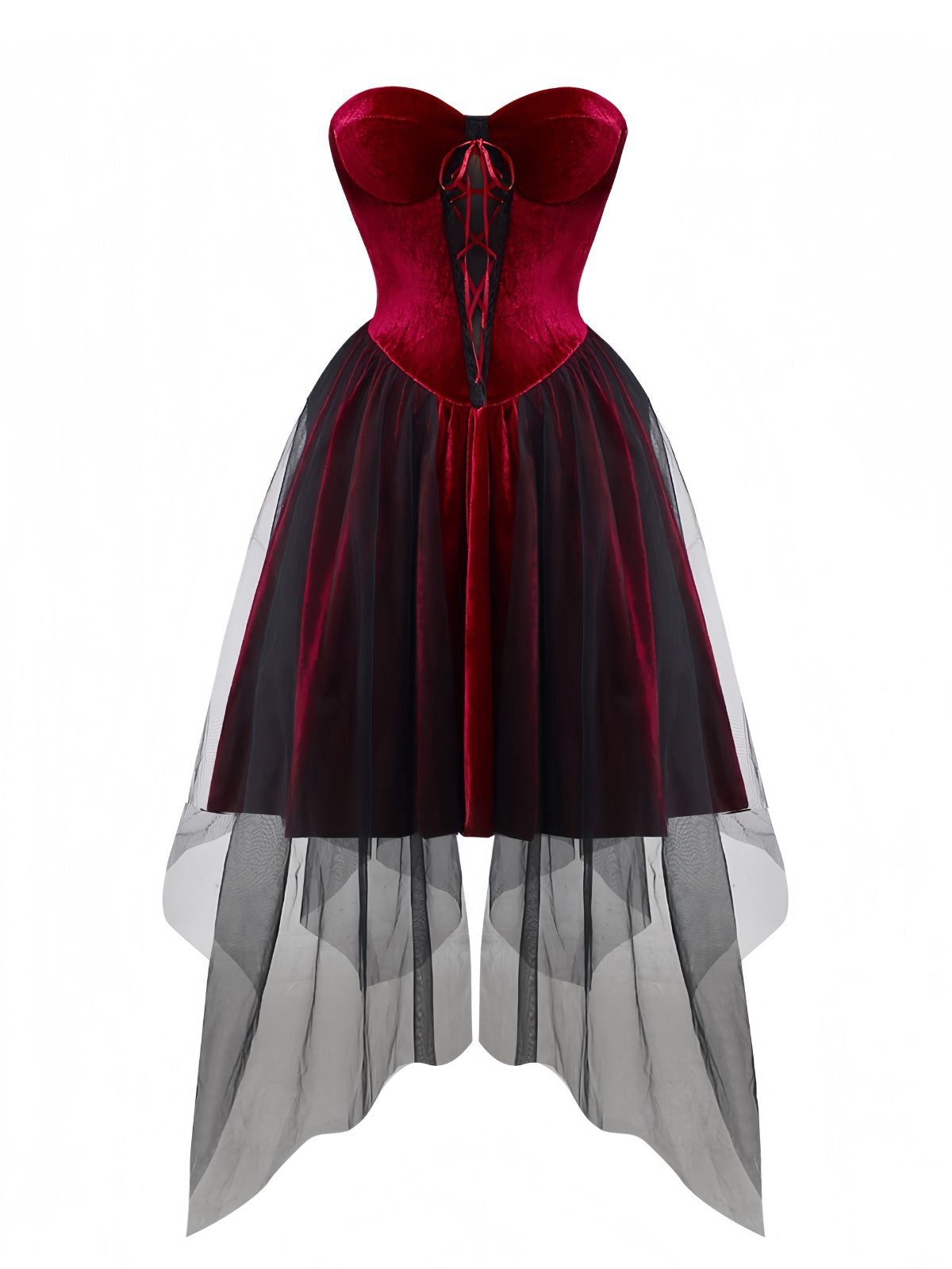Burgundy 1960s Gothic Mesh Strapless Irregular Hem Dress
