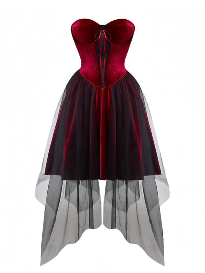 Burgundy 1960s Gothic Mesh Strapless Irregular Hem Dress