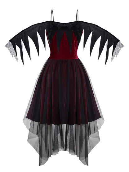 Burgundy 1960s Gothic Mesh Strapless Irregular Hem Dress