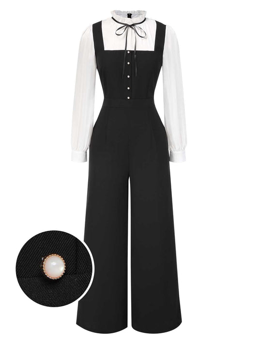 [Pre-Sale] Black&White 1930s Bow Ruffled Collar Jumpsuit
