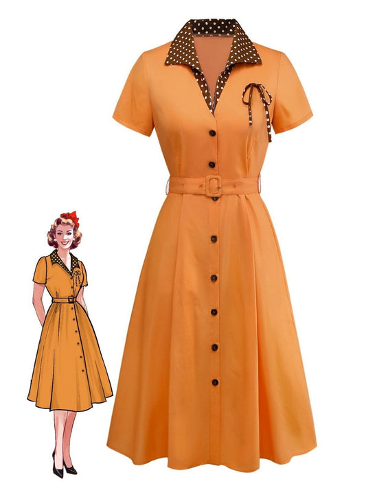 [Pre-Sale] Orange 1940s Cotton Polka Dot Lapel Bow Dress