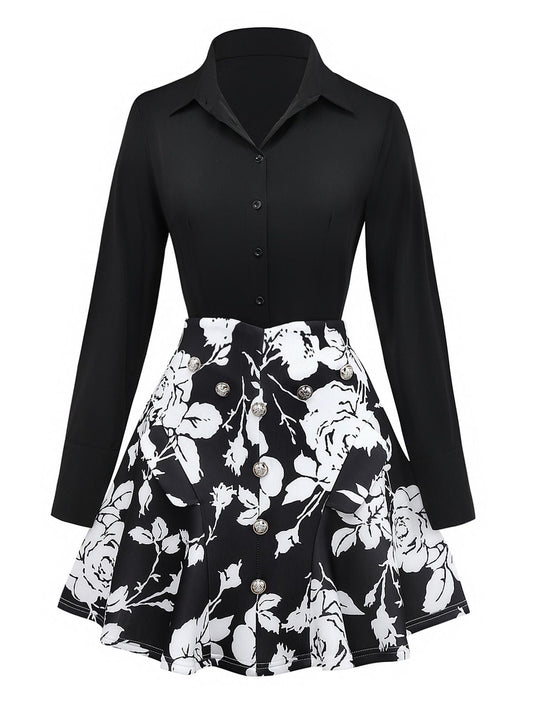 2PCS Black 1950s Lapel Blouse & Floral Skirt