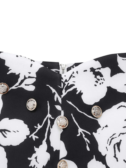 2PCS Black 1950s Lapel Blouse & Floral Skirt