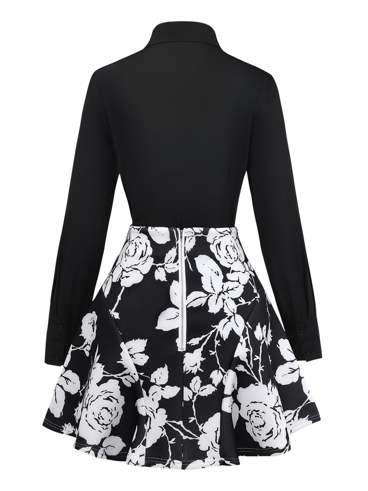 2PCS Black 1950s Lapel Blouse & Floral Skirt