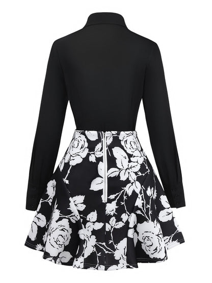 2PCS Black 1950s Lapel Blouse & Floral Skirt