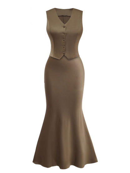 2PCS Brown 1930s Solid Satin Sleeveless V-Neck Vest & Fishtail Skirt