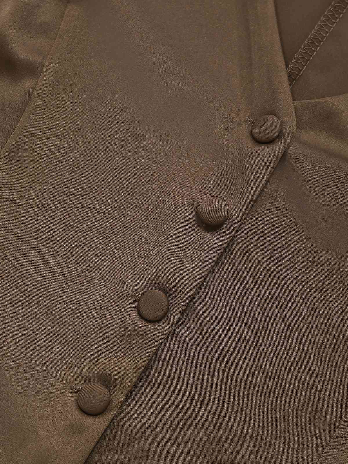 2PCS Brown 1930s Solid Satin Sleeveless V-Neck Vest & Fishtail Skirt