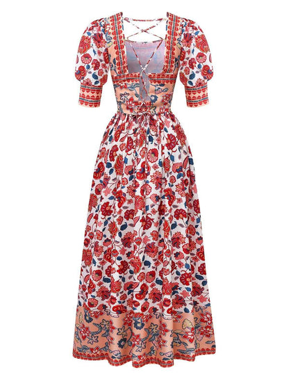 2PCS Red 1930s Floral Lantern Sleeve Cutout Top & Ruched Skirt