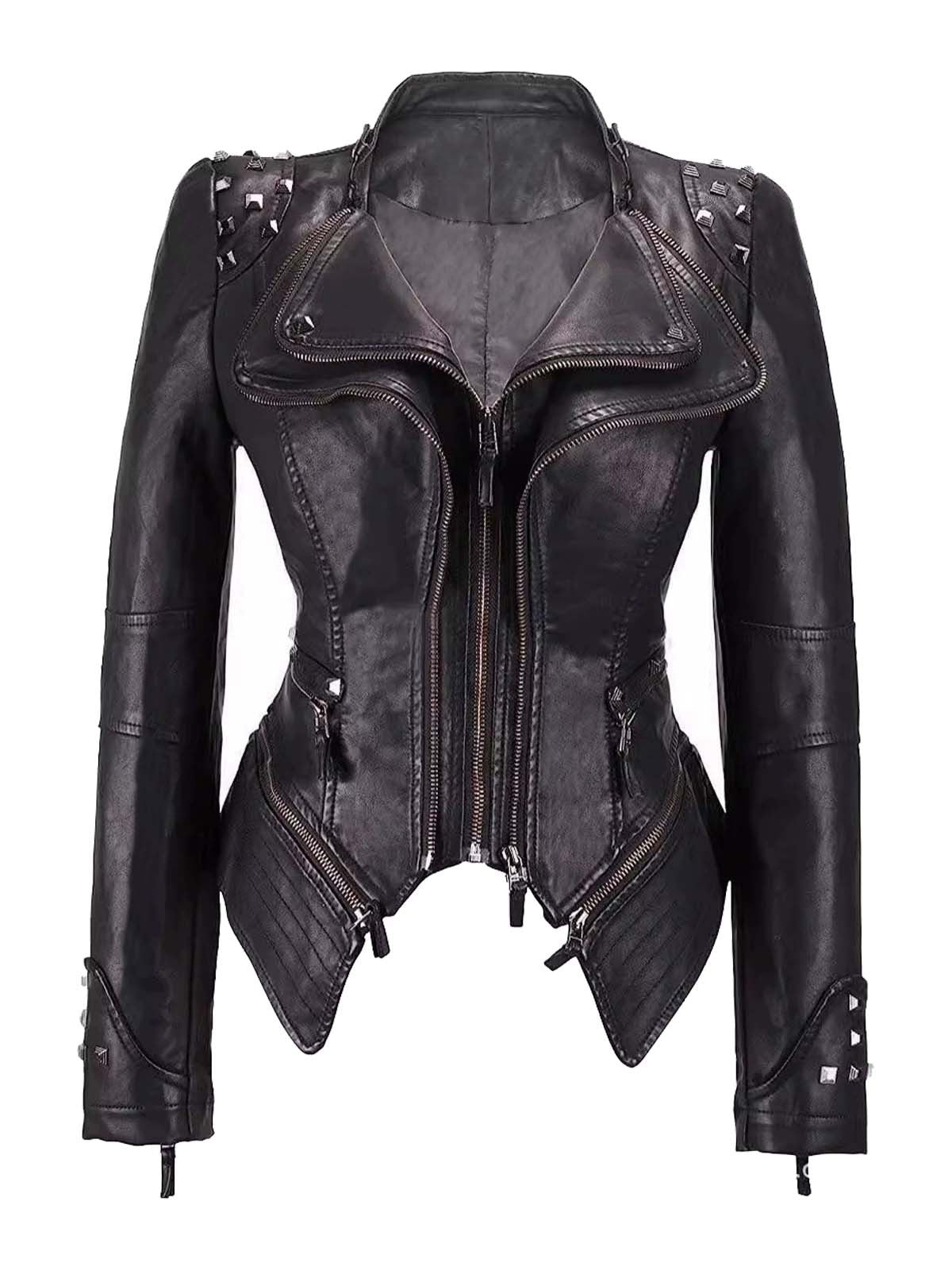 Black 1980s Irregualr Hem Rivet Motocycle Jacket