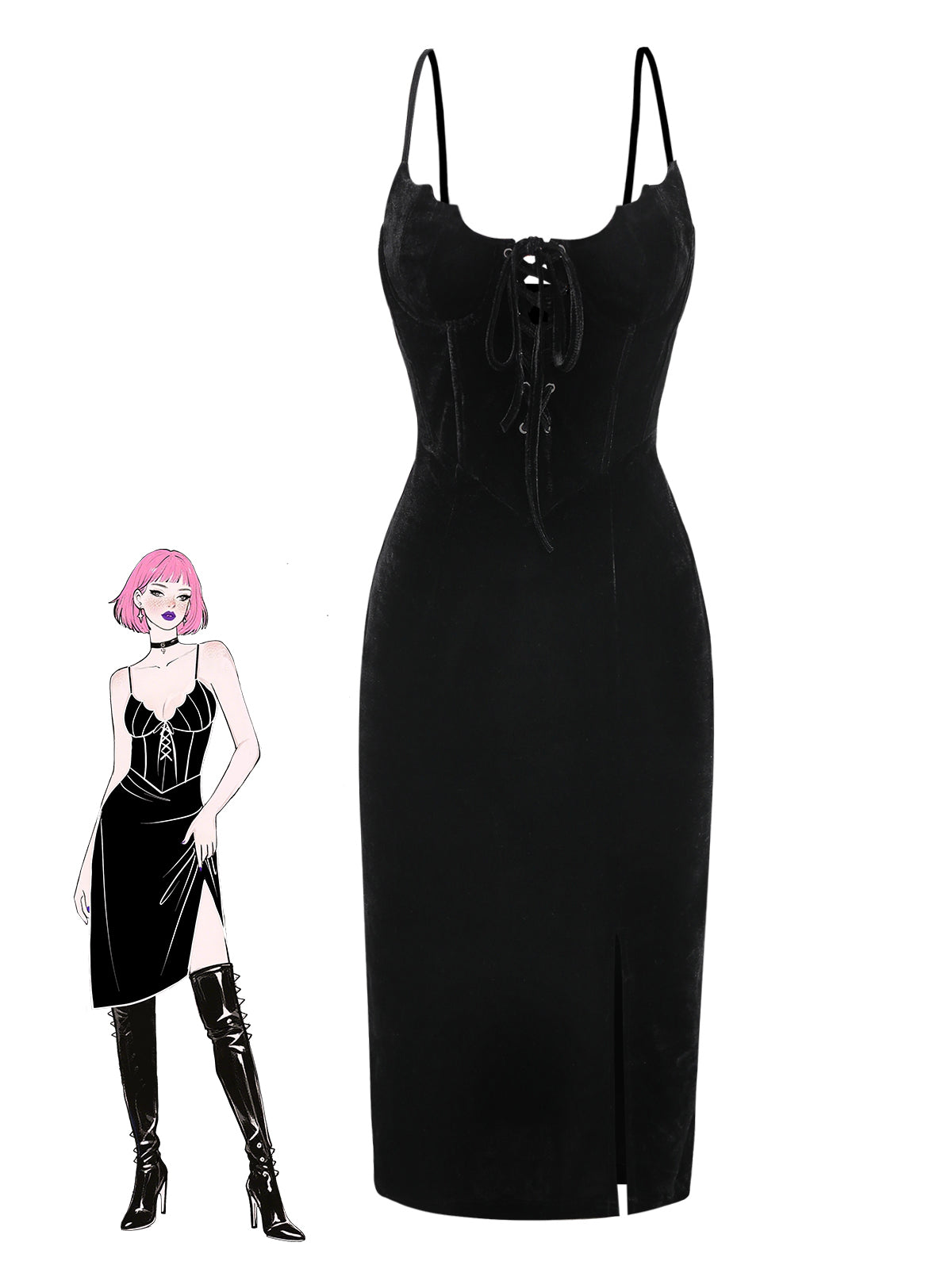 [Pre-Sale] Black 1960s Bat Neckline Velvet Slit Dress